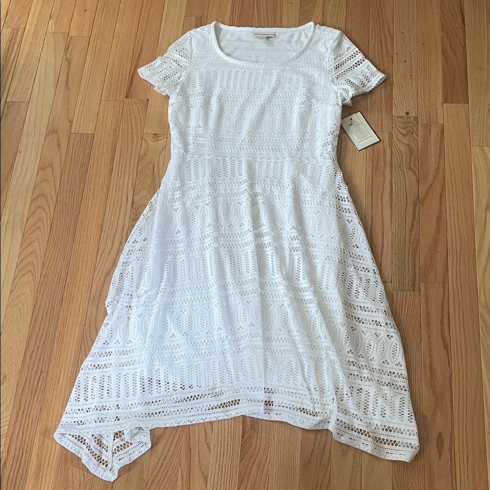 Dana Buchman Midi Dress Womens Small White Lace Dress Crochet Eyelet Summer Boho